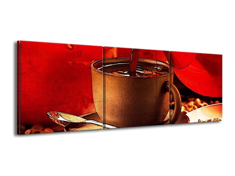 Canvas schilderij Koffie | Wit, Bruin, Rood | 150x50cm 3Luik