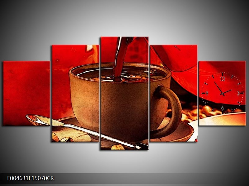 Klok schilderij Koffie | Wit, Bruin, Rood | 150x70cm 5Luik
