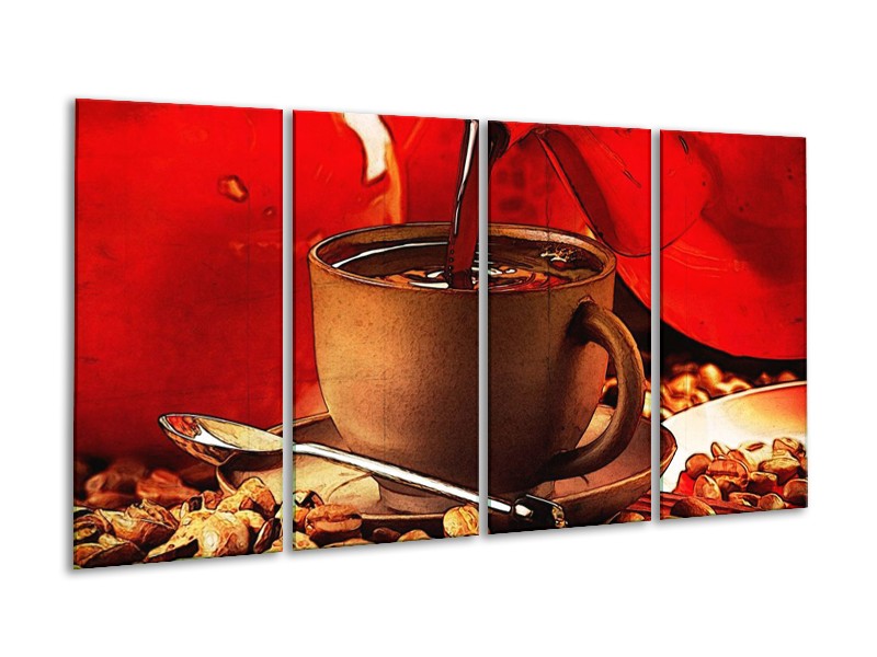 Canvas schilderij Koffie | Wit, Bruin, Rood | 160x80cm 4Luik