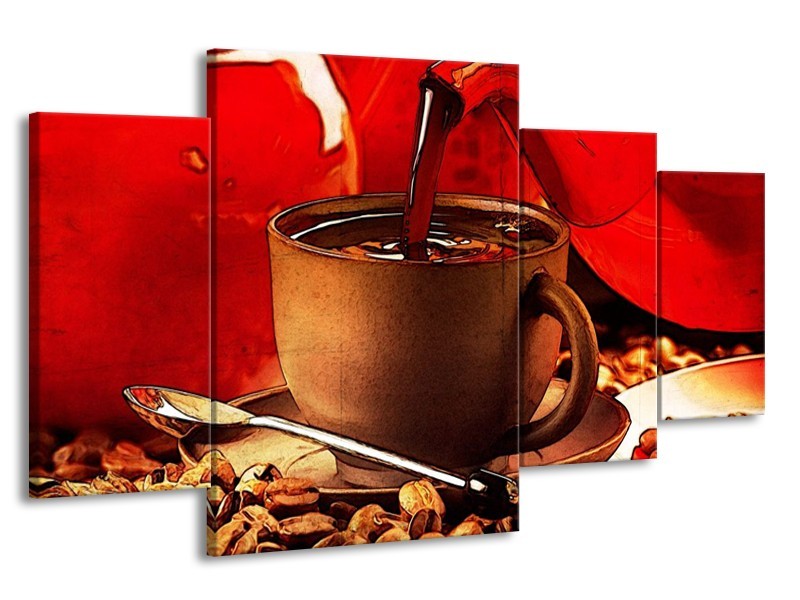 Canvas schilderij Koffie | Wit, Bruin, Rood | 160x90cm 4Luik