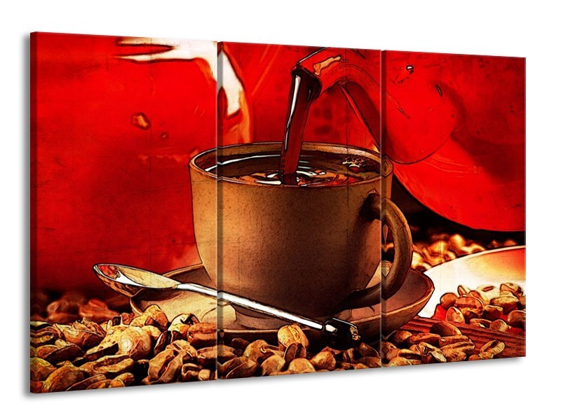 Canvas schilderij Koffie | Wit, Bruin, Rood | 165x100cm 3Luik