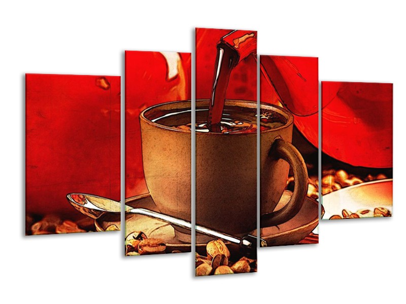 Canvas schilderij Koffie | Wit, Bruin, Rood | 170x100cm 5Luik