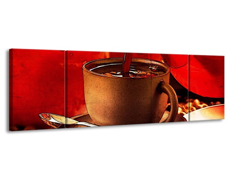 Canvas schilderij Koffie | Wit, Bruin, Rood | 170x50cm 3Luik