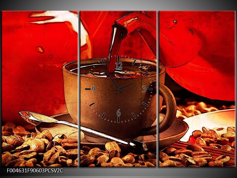 Klok schilderij Koffie | Wit, Bruin, Rood | 90x60cm 3Luik