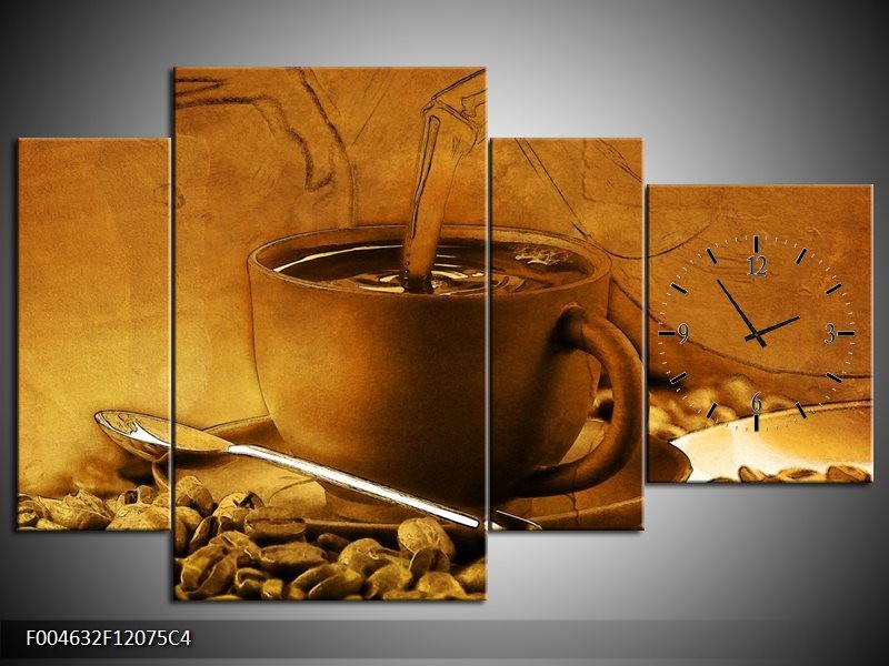 Klok schilderij Koffie | Wit, Bruin, Geel | 120x75cm 4Luik