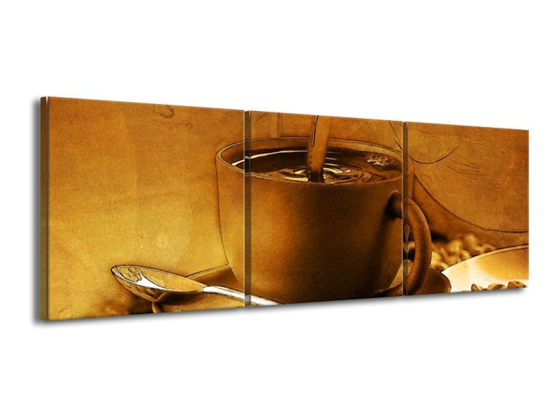 Canvas schilderij Koffie | Wit, Bruin, Geel | 150x50cm 3Luik