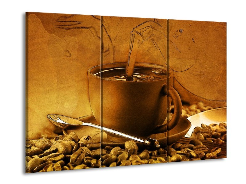 Canvas schilderij Koffie | Wit, Bruin, Geel | 90x60cm 3Luik