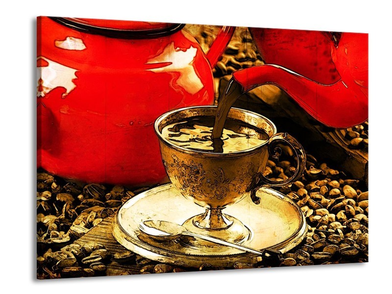Canvas schilderij Koffie | Rood, Goud, Bruin | 100x70cm 1Luik