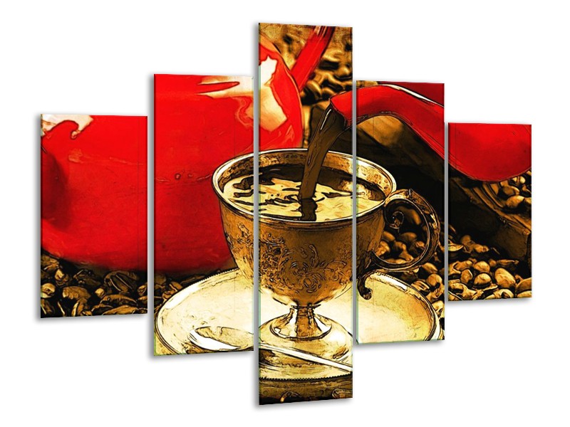 Canvas schilderij Koffie | Rood, Goud, Bruin | 100x70cm 5Luik