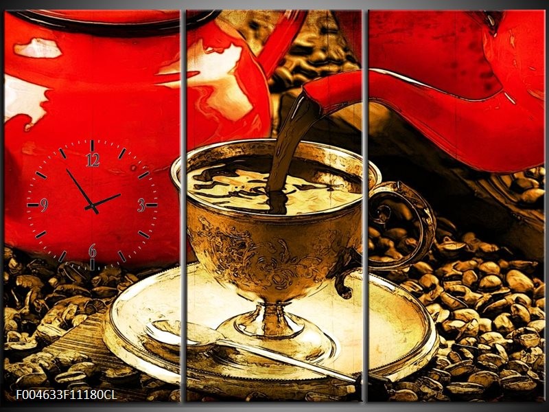 Klok schilderij Koffie | Rood, Goud, Bruin | 111x80cm 3Luik