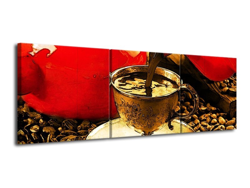 Canvas schilderij Koffie | Rood, Goud, Bruin | 120x40cm 3Luik