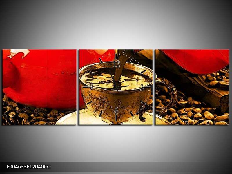 Klok schilderij Koffie | Rood, Goud, Bruin | 120x40cm 3Luik