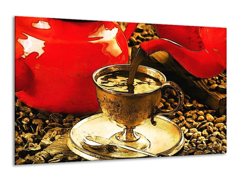 Canvas schilderij Koffie | Rood, Goud, Bruin | 120x70cm 1Luik