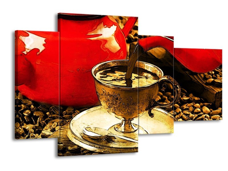 Canvas schilderij Koffie | Rood, Goud, Bruin | 120x75cm 4Luik