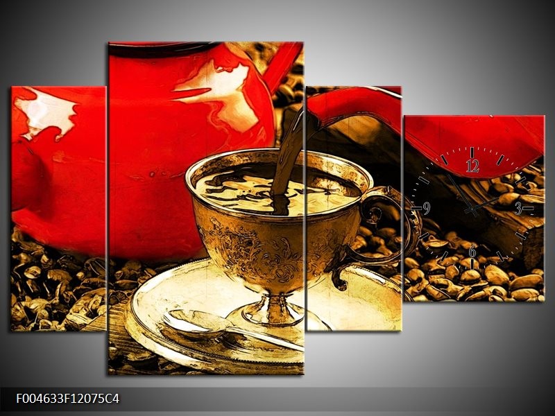 Klok schilderij Koffie | Rood, Goud, Bruin | 120x75cm 4Luik