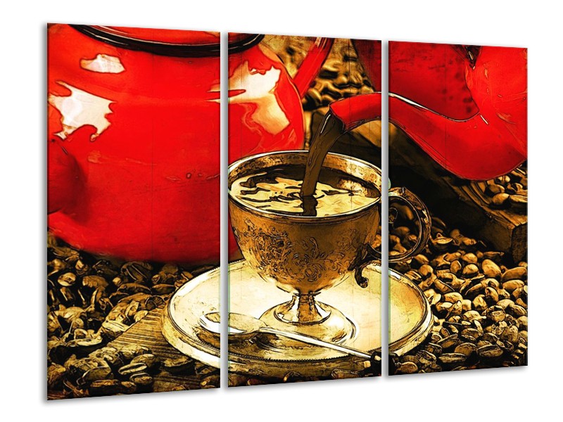 Glas schilderij Koffie | Rood, Goud, Bruin | 120x80cm 3Luik