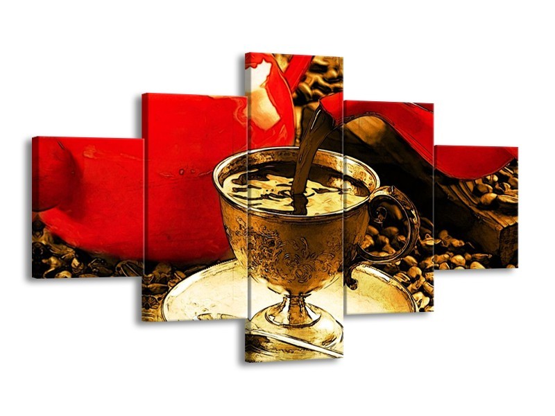 Canvas schilderij Koffie | Rood, Goud, Bruin | 125x70cm 5Luik