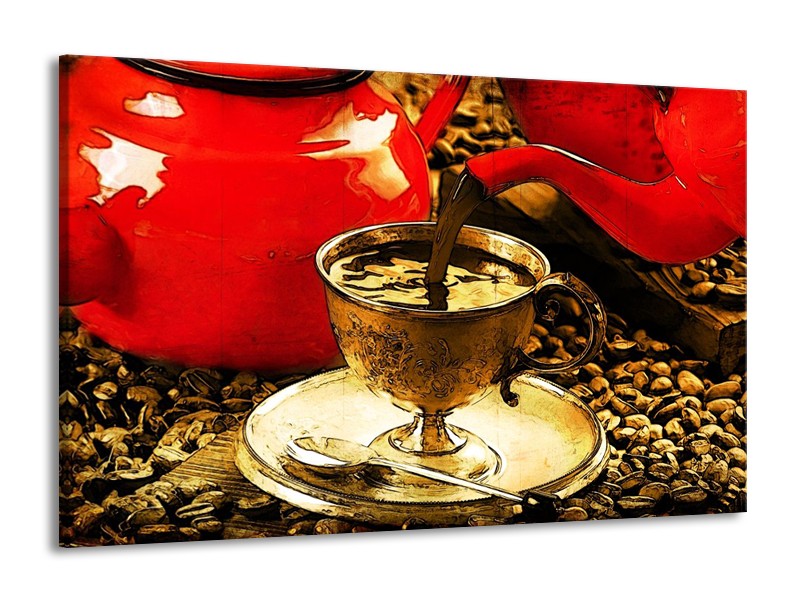 Canvas schilderij Koffie | Rood, Goud, Bruin | 140x90cm 1Luik