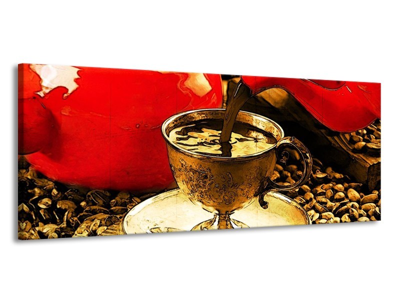 Canvas schilderij Koffie | Rood, Goud, Bruin | 145x58cm 1Luik