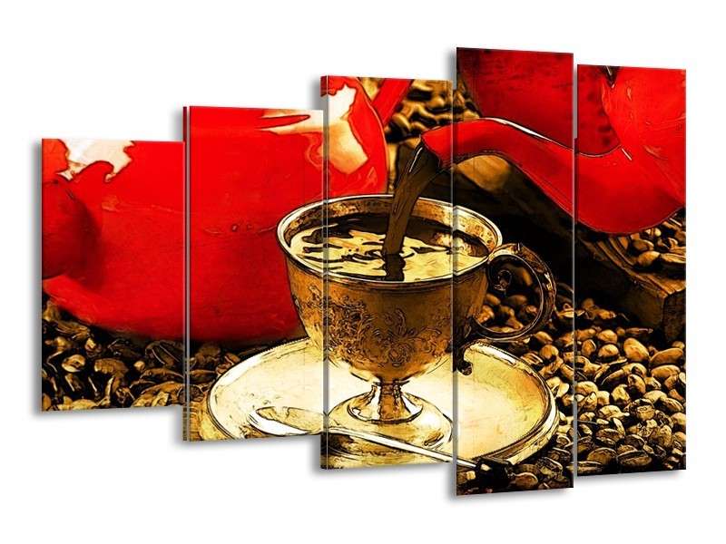 Canvas schilderij Koffie | Rood, Goud, Bruin | 150x100cm 5Luik
