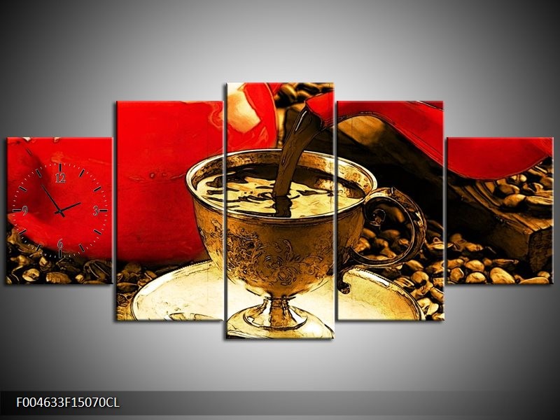 Klok schilderij Koffie | Rood, Goud, Bruin | 150x70cm 5Luik
