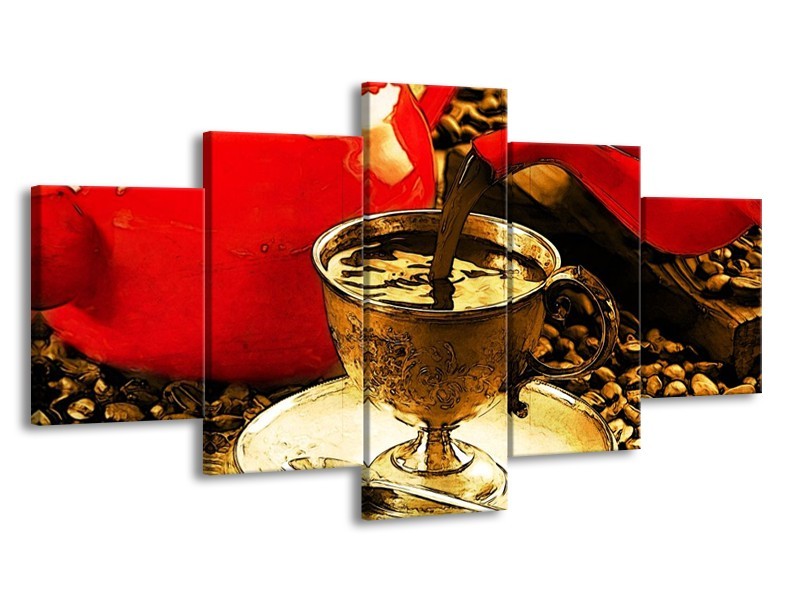 Canvas schilderij Koffie | Rood, Goud, Bruin | 150x80cm 5Luik