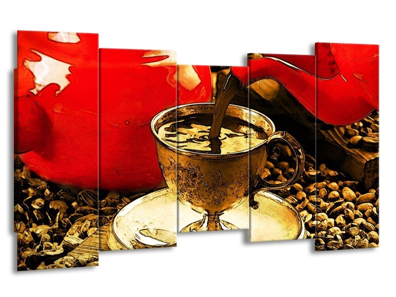 Canvas schilderij Koffie | Rood, Goud, Bruin | 150x80cm 5Luik