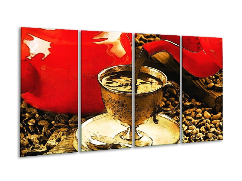 Canvas schilderij Koffie | Rood, Goud, Bruin | 160x80cm 4Luik