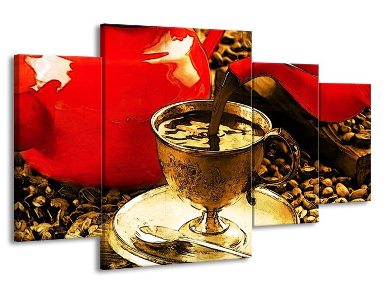 Canvas schilderij Koffie | Rood, Goud, Bruin | 160x90cm 4Luik