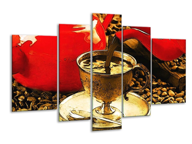 Canvas schilderij Koffie | Rood, Goud, Bruin | 170x100cm 5Luik