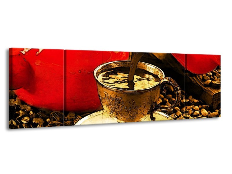 Canvas schilderij Koffie | Rood, Goud, Bruin | 170x50cm 3Luik