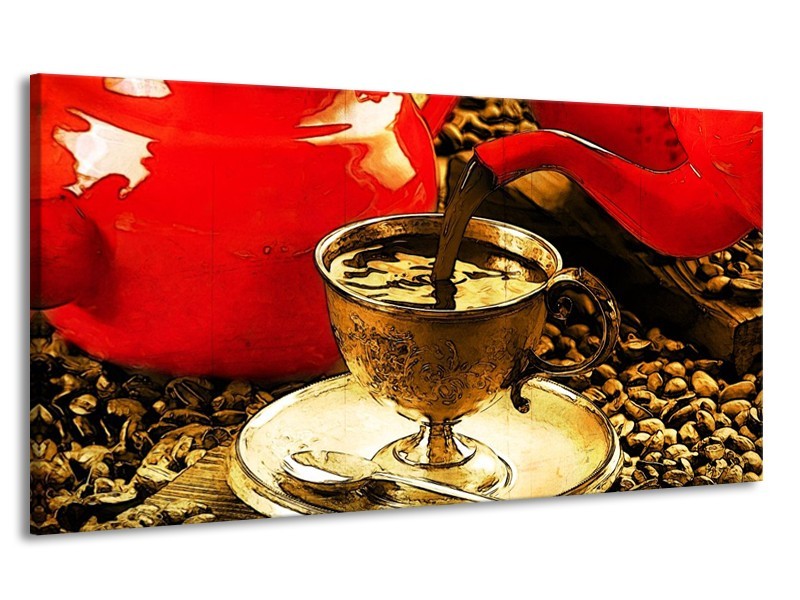 Canvas schilderij Koffie | Rood, Goud, Bruin | 170x90cm 1Luik