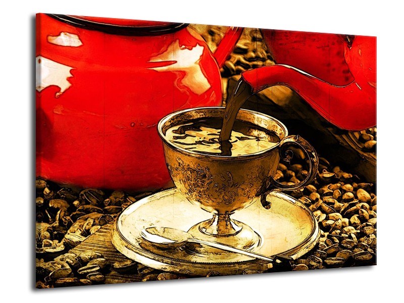 Canvas schilderij Koffie | Rood, Goud, Bruin | 70x50cm 1Luik