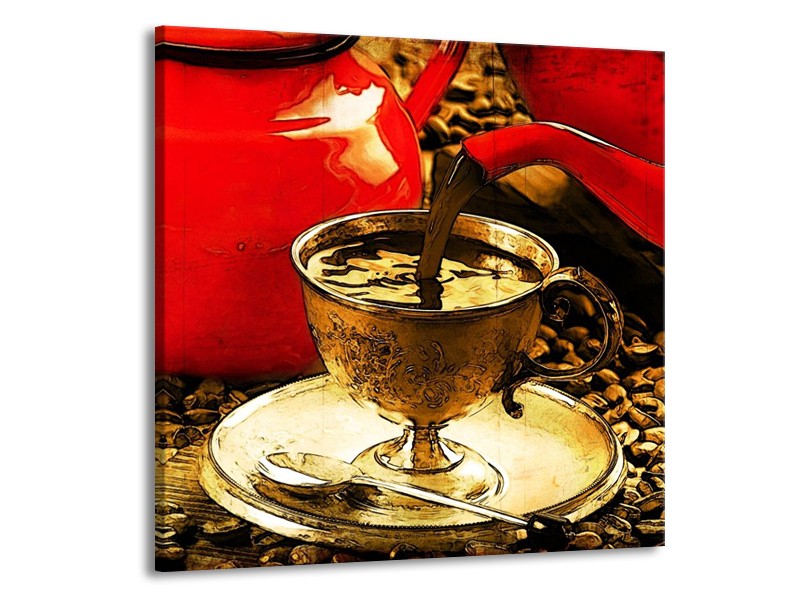 Canvas schilderij Koffie | Rood, Goud, Bruin | 70x70cm 1Luik