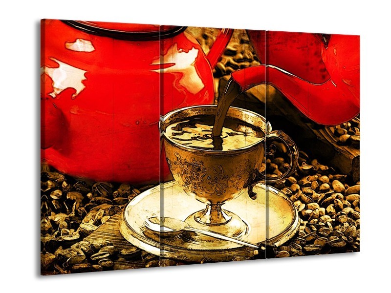 Glas schilderij Koffie | Rood, Goud, Bruin | 90x60cm 3Luik