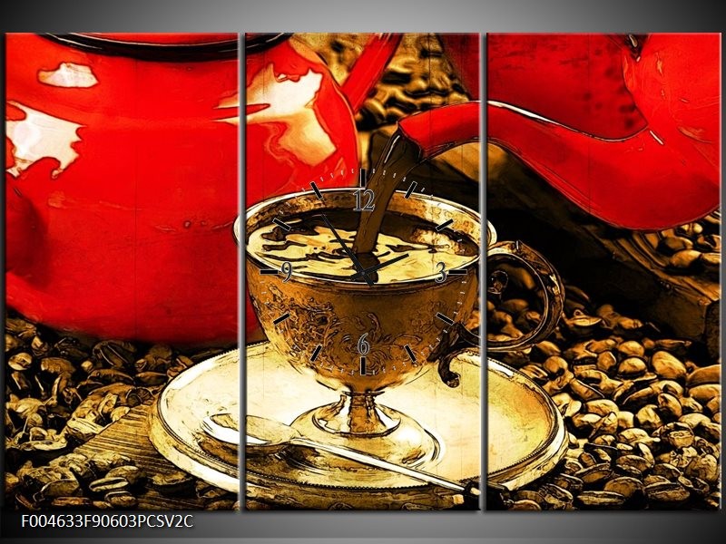 Klok schilderij Koffie | Rood, Goud, Bruin | 90x60cm 3Luik