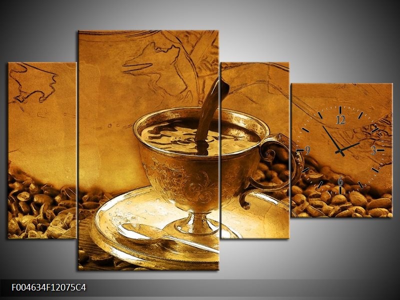 Klok schilderij Koffie | Bruin, Geel | 120x75cm 4Luik