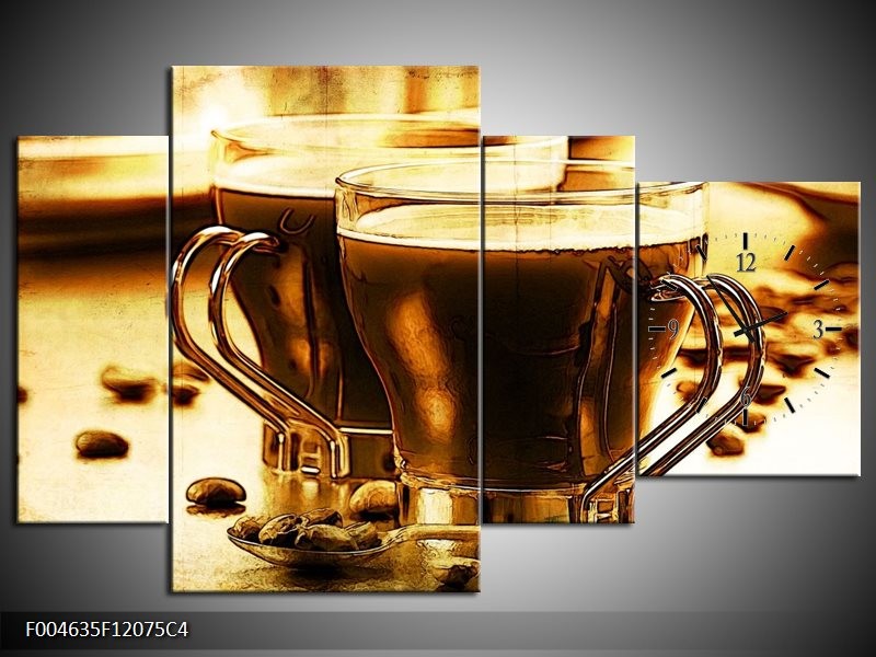 Klok schilderij Koffie | Bruin, Geel | 120x75cm 4Luik
