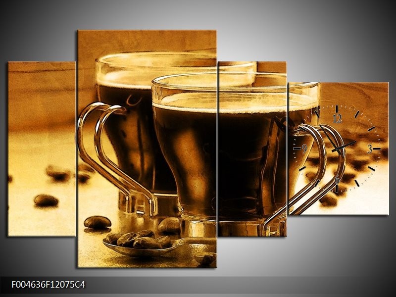 Klok schilderij Koffie | Bruin, Geel | 120x75cm 4Luik