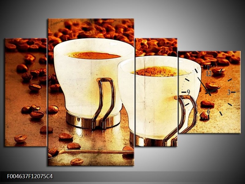 Klok schilderij Koffie | Bruin, Geel | 120x75cm 4Luik