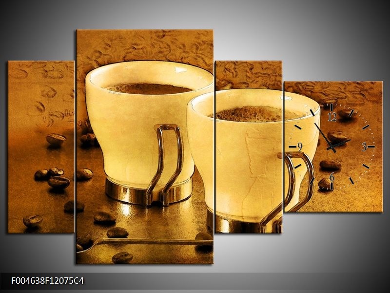 Klok schilderij Koffie | Bruin, Geel | 120x75cm 4Luik