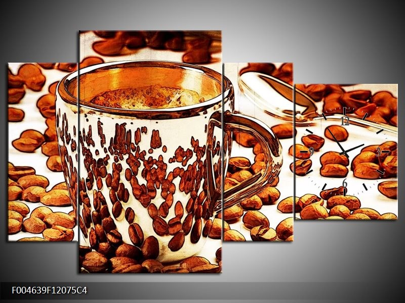 Klok schilderij Koffie | Bruin, Geel | 120x75cm 4Luik