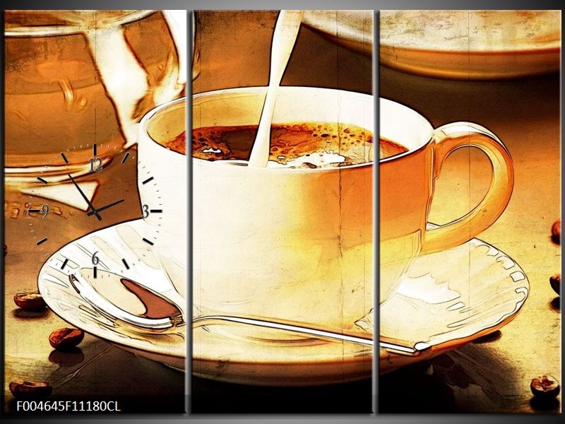 Klok schilderij Koffie | Bruin, Geel | 111x80cm 3Luik