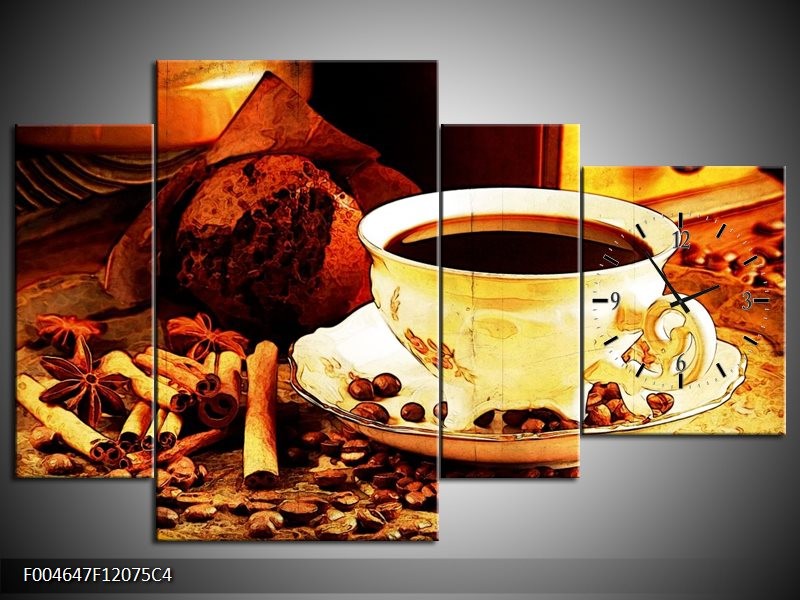 Klok schilderij Koffie | Bruin, Geel | 120x75cm 4Luik