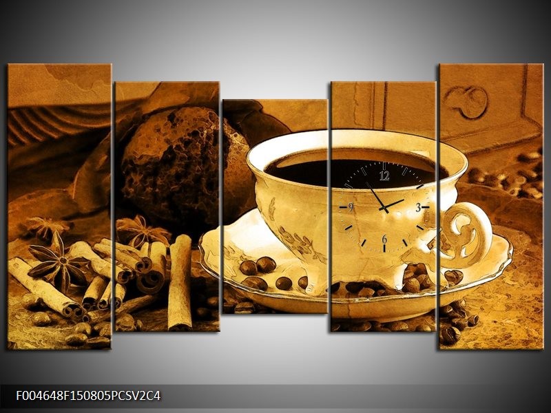 Klok schilderij Koffie | Bruin, Geel | 150x80cm 5Luik