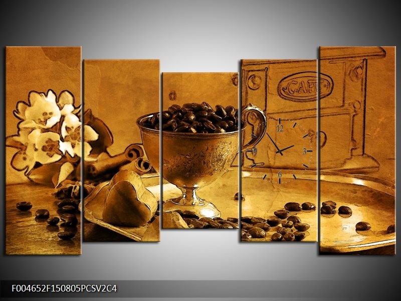 Klok schilderij Koffie | Bruin, Geel | 150x80cm 5Luik