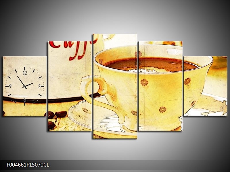 Klok schilderij Koffie | Bruin, Geel | 150x70cm 5Luik