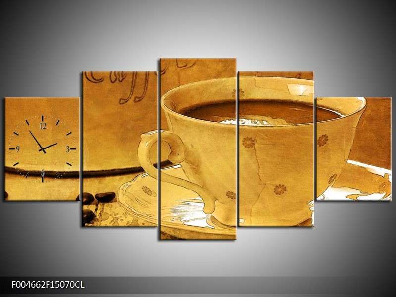 Klok schilderij Koffie | Bruin, Geel | 150x70cm 5Luik