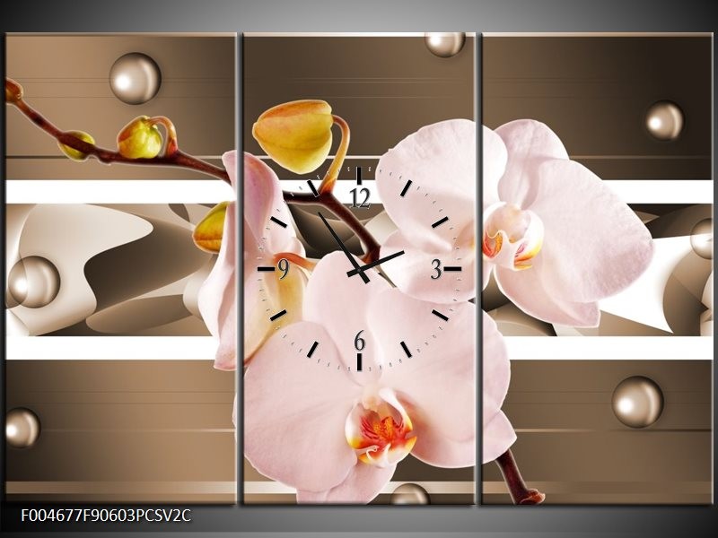 Klok schilderij Orchidee | Bruin, Roze | 90x60cm 3Luik