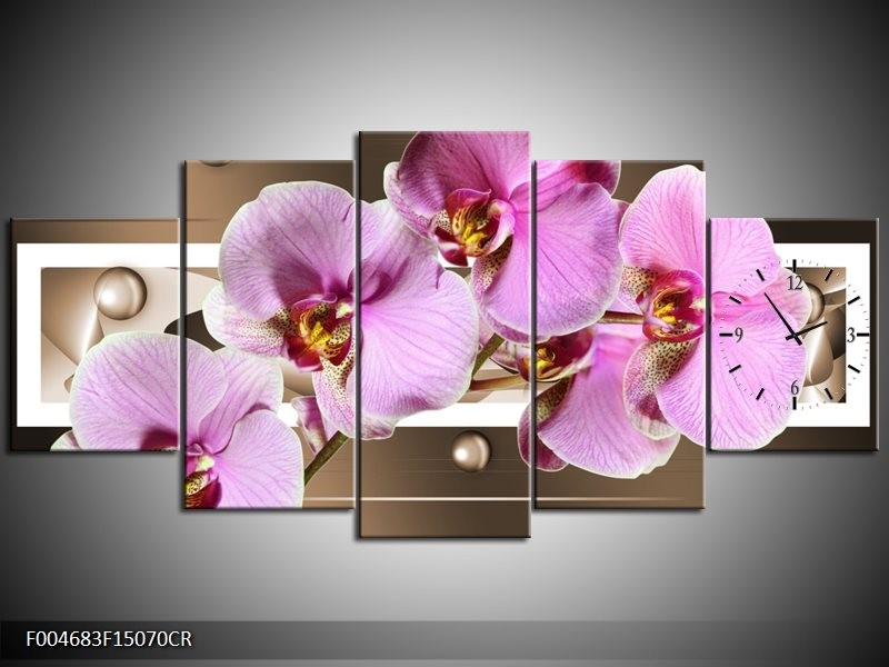 Klok schilderij Orchidee | Bruin, Paars, Roze | 150x70cm 5Luik